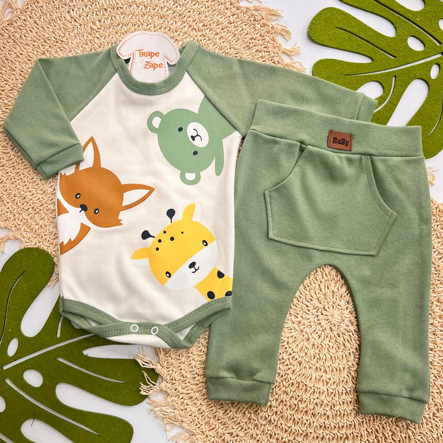 Conj. Body Manga Longa Animais Fofos e Calça - Verde Conj. Body Manga Longa Animais Fofos e Calça - Verde